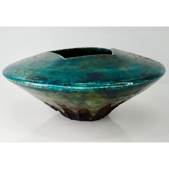 Turquoise Blue Signed Raku Sculpture Pottery Vase Bowl Iridescent Drip Glaze 8" - Picture 13 of 16
